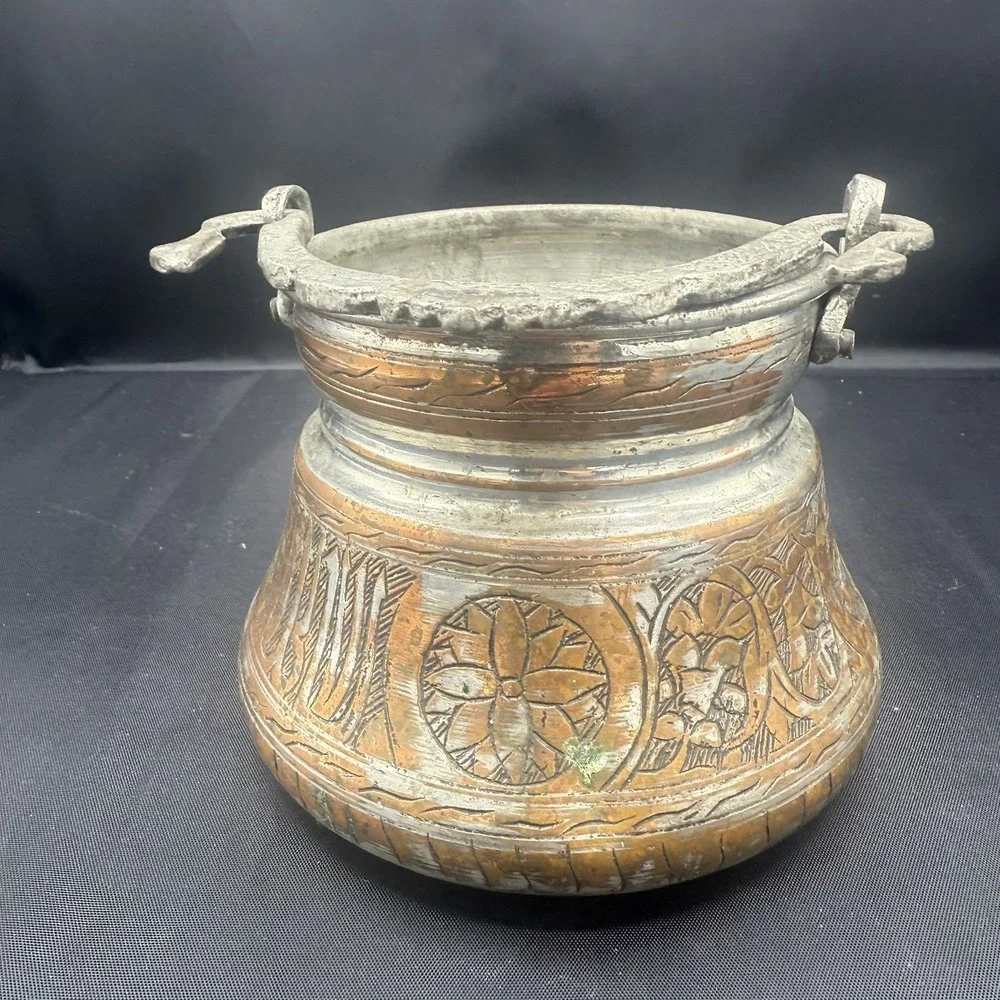 Antique Turkish Etched Copper Cauldron‎ Bakrac Yogurt Pot, Hand Hammered